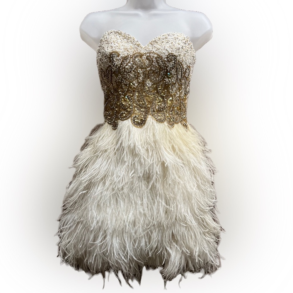 Sherri Hill Gold & White Embellished & Feathers Cocktail Dress sz 4